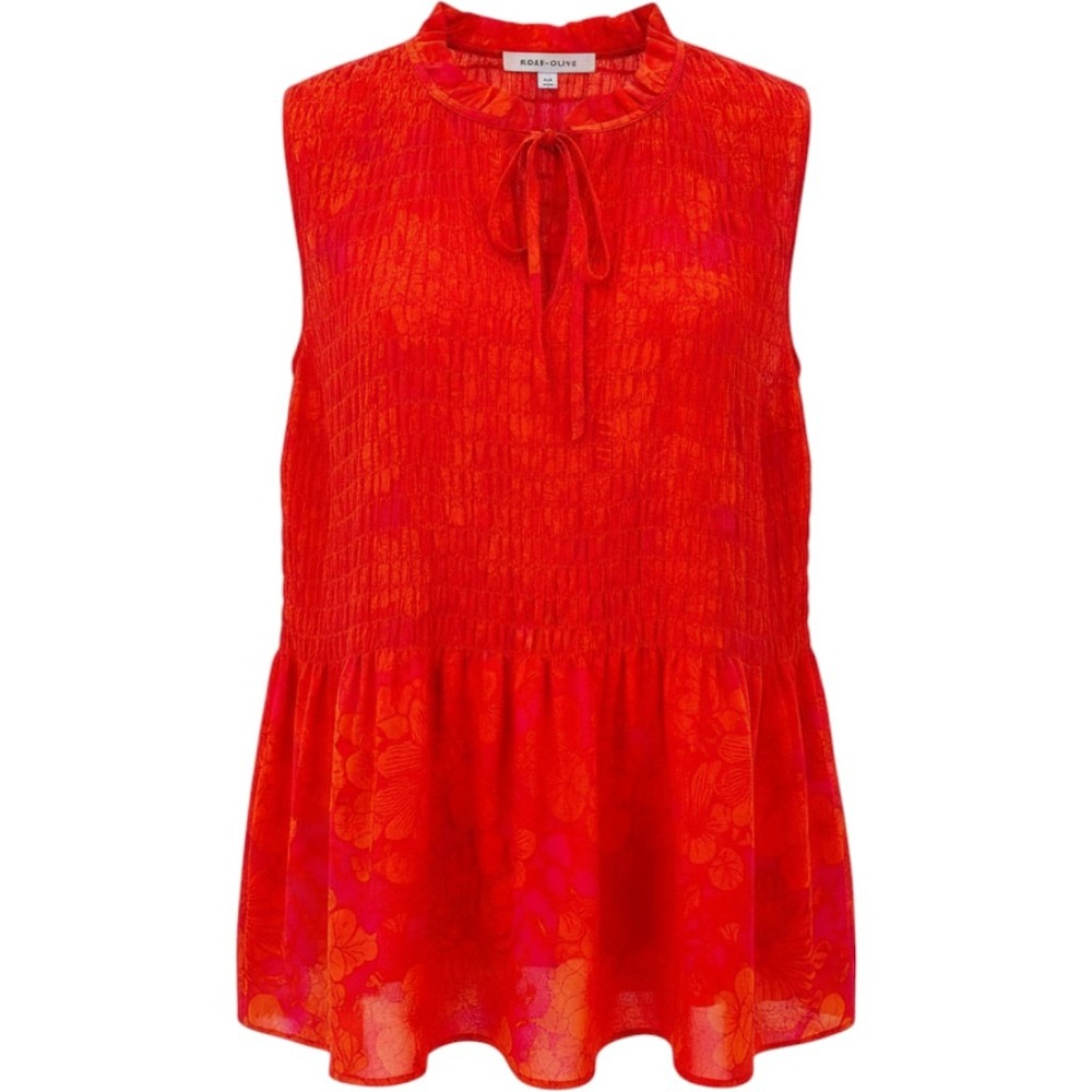 Rose + Olive Floral Sleeveless Top Pink Orange Ruffle Neck Keyhole Tie Large